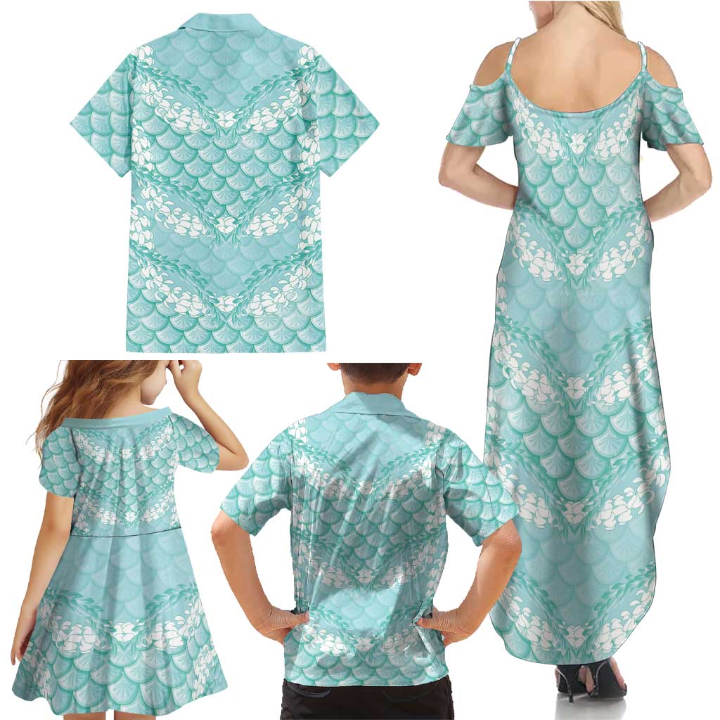 Light Turquoise Mermaid Puakenikeni Maile Lei Family Matching Summer Maxi Dress and Hawaiian Shirt LT01 - Polynesian Pride