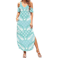 Light Turquoise Mermaid Puakenikeni Maile Lei Family Matching Summer Maxi Dress and Hawaiian Shirt LT01 Mom's Dress Turquoise - Polynesian Pride