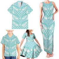 Light Turquoise Mermaid Puakenikeni Maile Lei Family Matching Tank Maxi Dress and Hawaiian Shirt LT01 - Polynesian Pride
