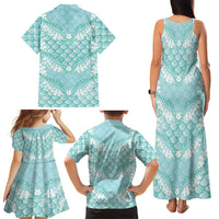 Light Turquoise Mermaid Puakenikeni Maile Lei Family Matching Tank Maxi Dress and Hawaiian Shirt LT01 - Polynesian Pride