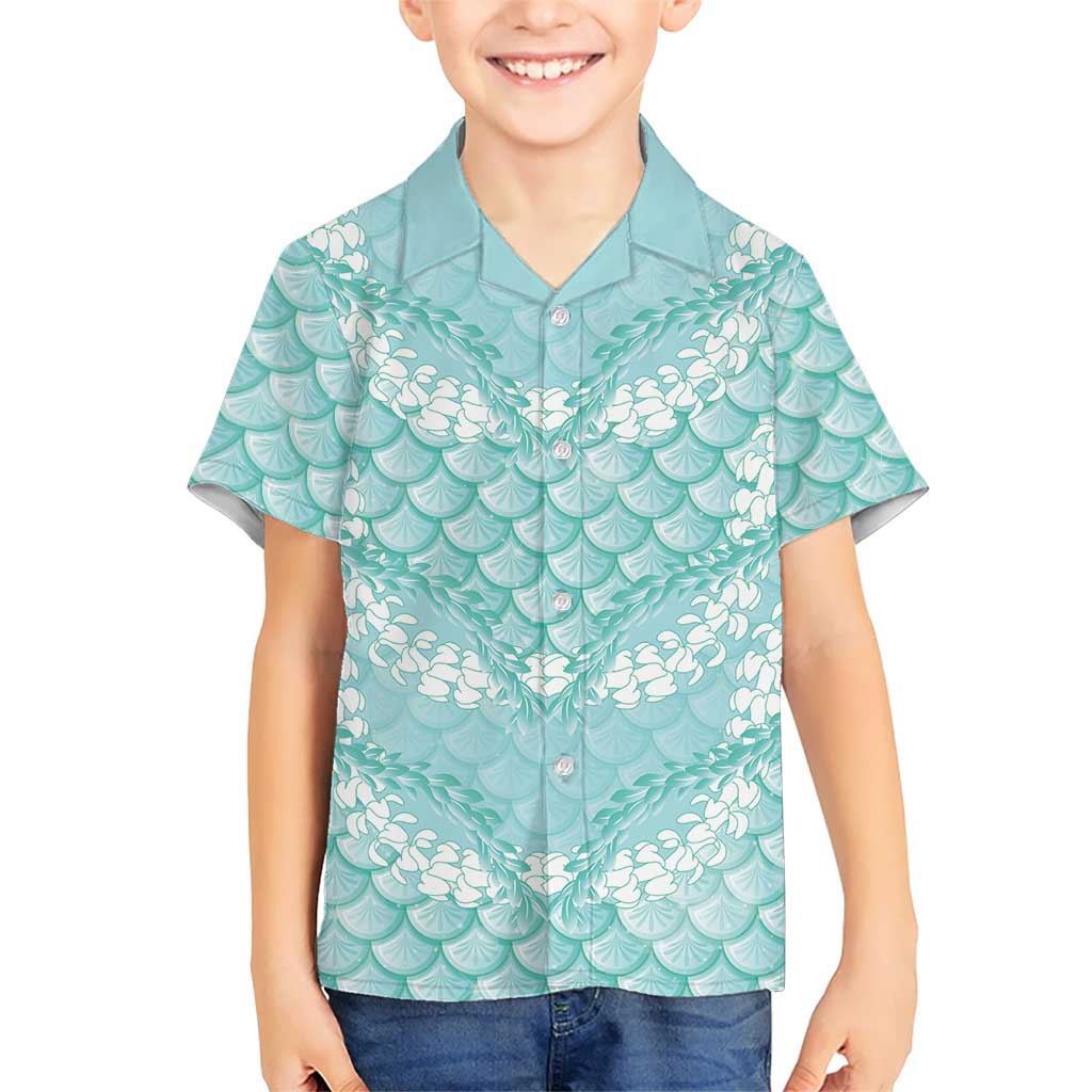 Light Turquoise Mermaid Puakenikeni Maile Lei Kid Hawaiian Shirt