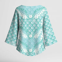 Light Turquoise Mermaid Puakenikeni Maile Lei Kimono Sleeve Blouse