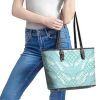 Light Turquoise Mermaid Puakenikeni Maile Lei Leather Tote Bag