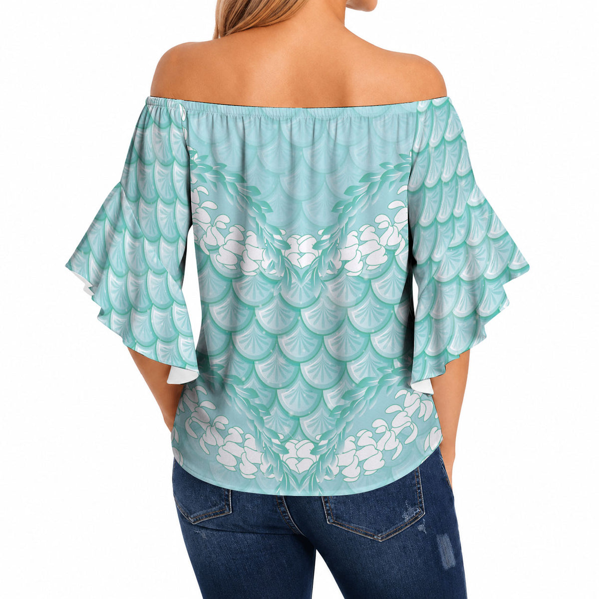 Light Turquoise Mermaid Puakenikeni Maile Lei Off Shoulder Wrap Waist Top LT01 - Polynesian Pride