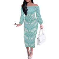 Light Turquoise Mermaid Puakenikeni Maile Lei Off The Shoulder Long Sleeve Dress
