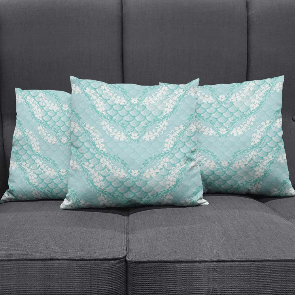 Light Turquoise Mermaid Puakenikeni Maile Lei Pillow Cover