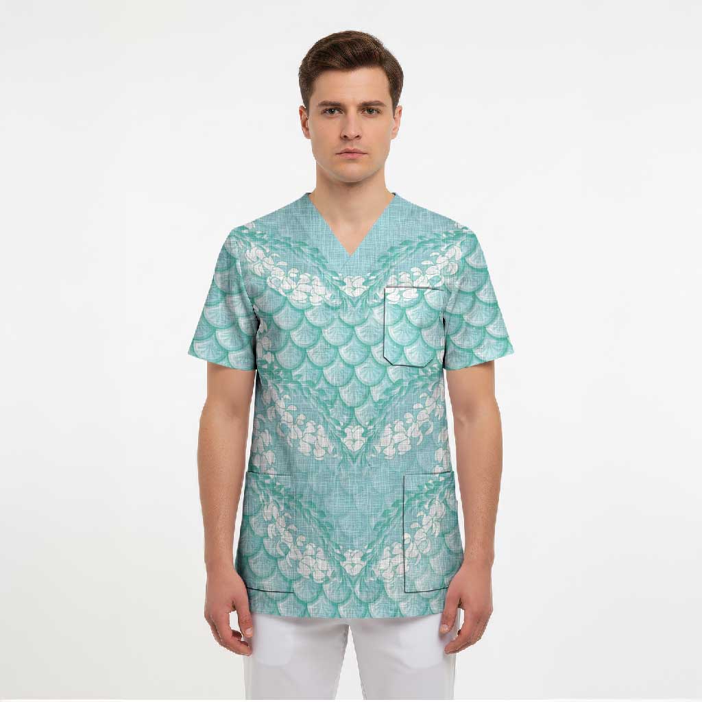 Light Turquoise Mermaid Puakenikeni Maile Lei Scrub Top