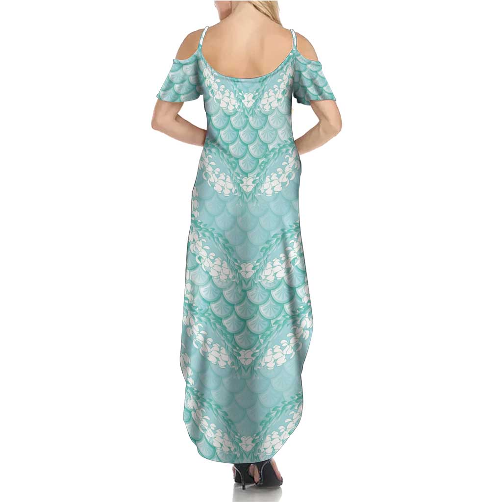 Light Turquoise Mermaid Puakenikeni Maile Lei Summer Maxi Dress