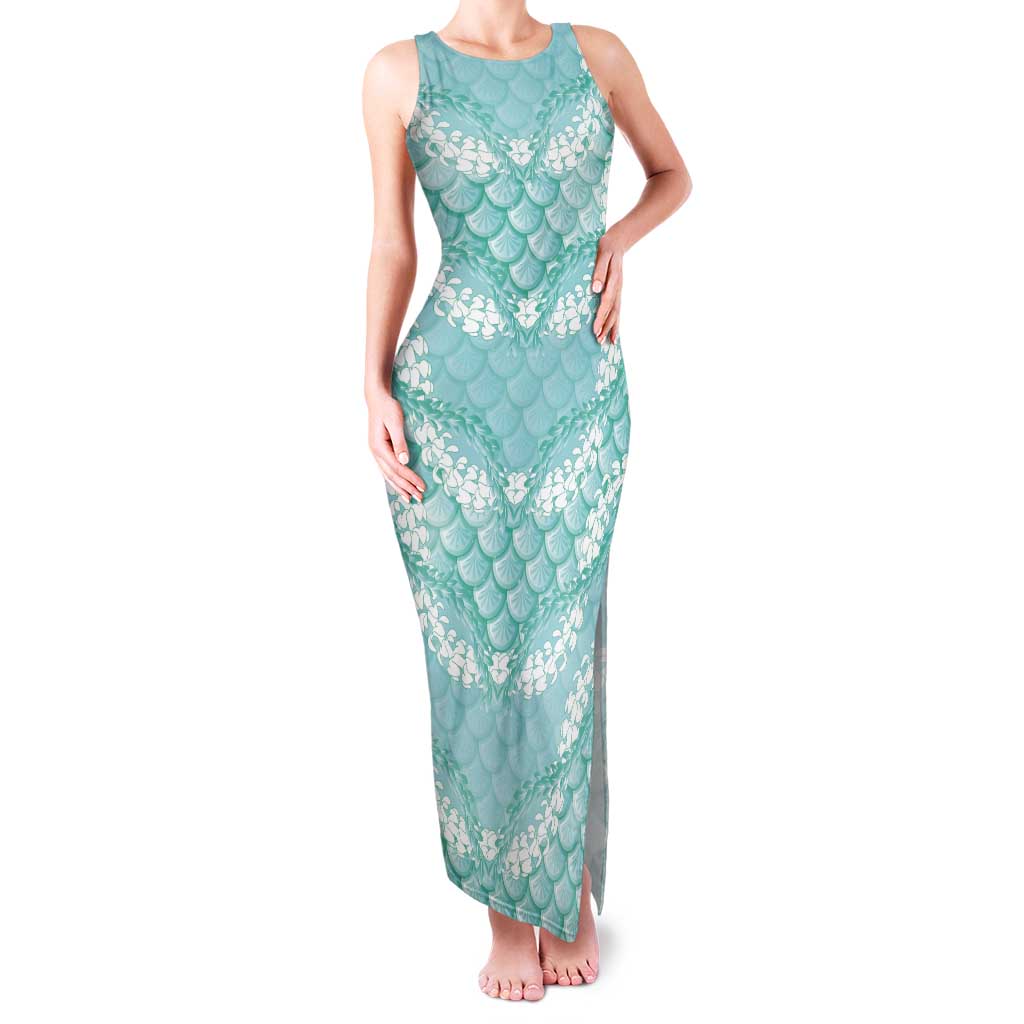 Light Turquoise Mermaid Puakenikeni Maile Lei Tank Maxi Dress