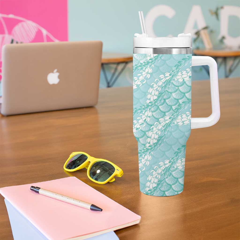Light Turquoise Mermaid Puakenikeni Maile Lei Tumbler With Handle