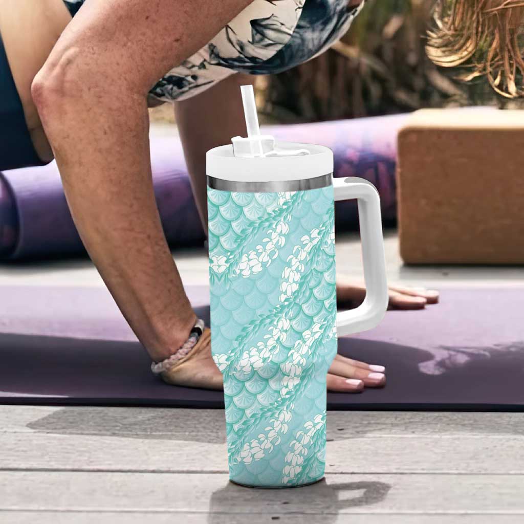 Light Turquoise Mermaid Puakenikeni Maile Lei Tumbler With Handle
