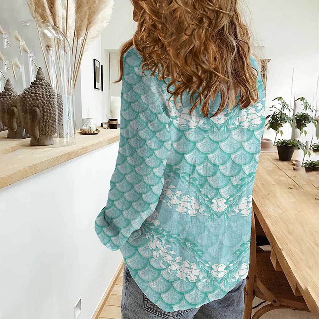 Light Turquoise Mermaid Puakenikeni Maile Lei Women Casual Shirt