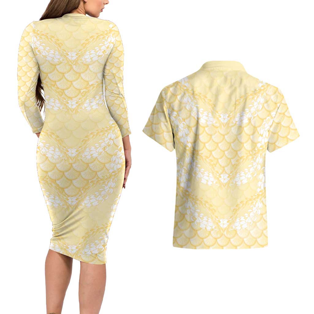 Pastel Yellow Mermaid Puakenikeni Maile Lei Couples Matching Long Sleeve Bodycon Dress and Hawaiian Shirt LT01 - Polynesian Pride