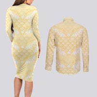 Pastel Yellow Mermaid Puakenikeni Maile Lei Couples Matching Long Sleeve Bodycon Dress and Long Sleeve Button Shirt LT01 - Polynesian Pride