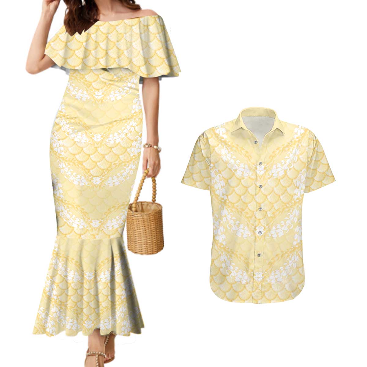 Pastel Yellow Mermaid Puakenikeni Maile Lei Couples Matching Mermaid Dress and Hawaiian Shirt LT01 Yellow - Polynesian Pride