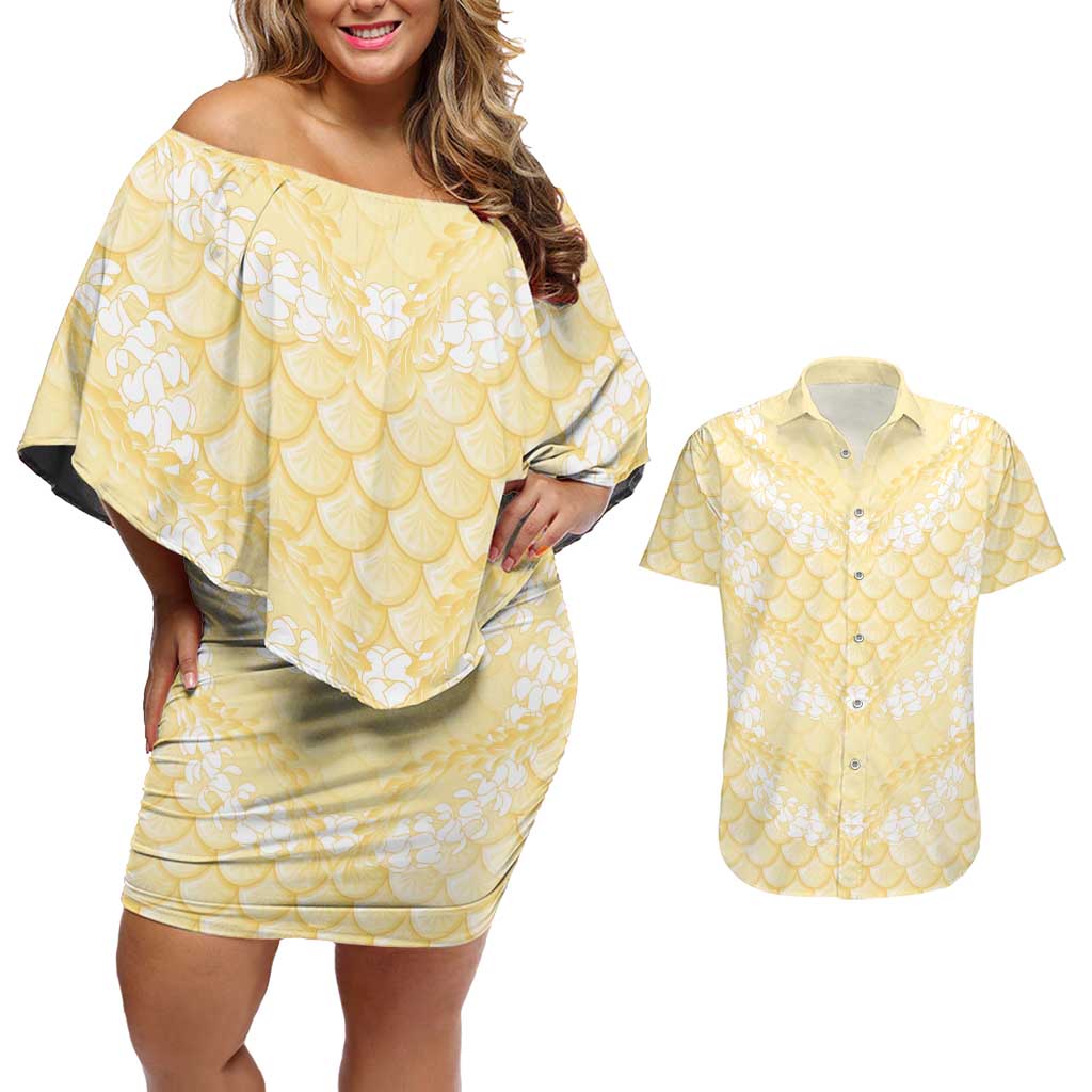 Pastel Yellow Mermaid Puakenikeni Maile Lei Couples Matching Off Shoulder Short Dress and Hawaiian Shirt