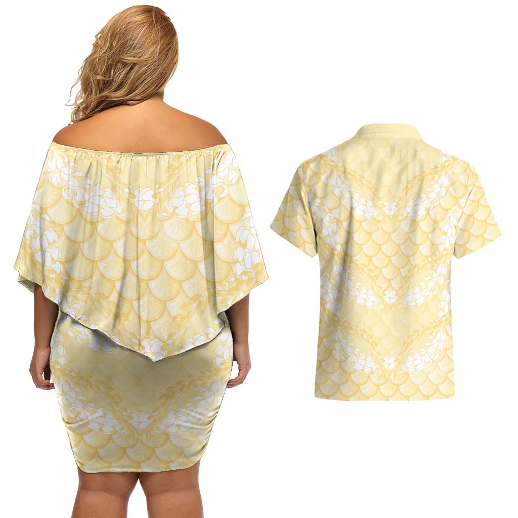 Pastel Yellow Mermaid Puakenikeni Maile Lei Couples Matching Off Shoulder Short Dress and Hawaiian Shirt