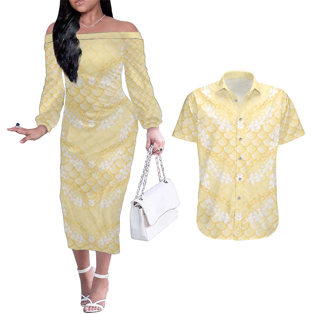 Pastel Yellow Mermaid Puakenikeni Maile Lei Couples Matching Off The Shoulder Long Sleeve Dress and Hawaiian Shirt LT01 Yellow - Polynesian Pride