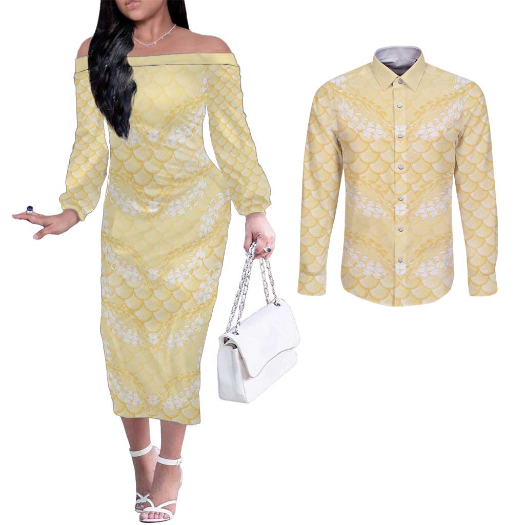 Pastel Yellow Mermaid Puakenikeni Maile Lei Couples Matching Off The Shoulder Long Sleeve Dress and Long Sleeve Button Shirt
