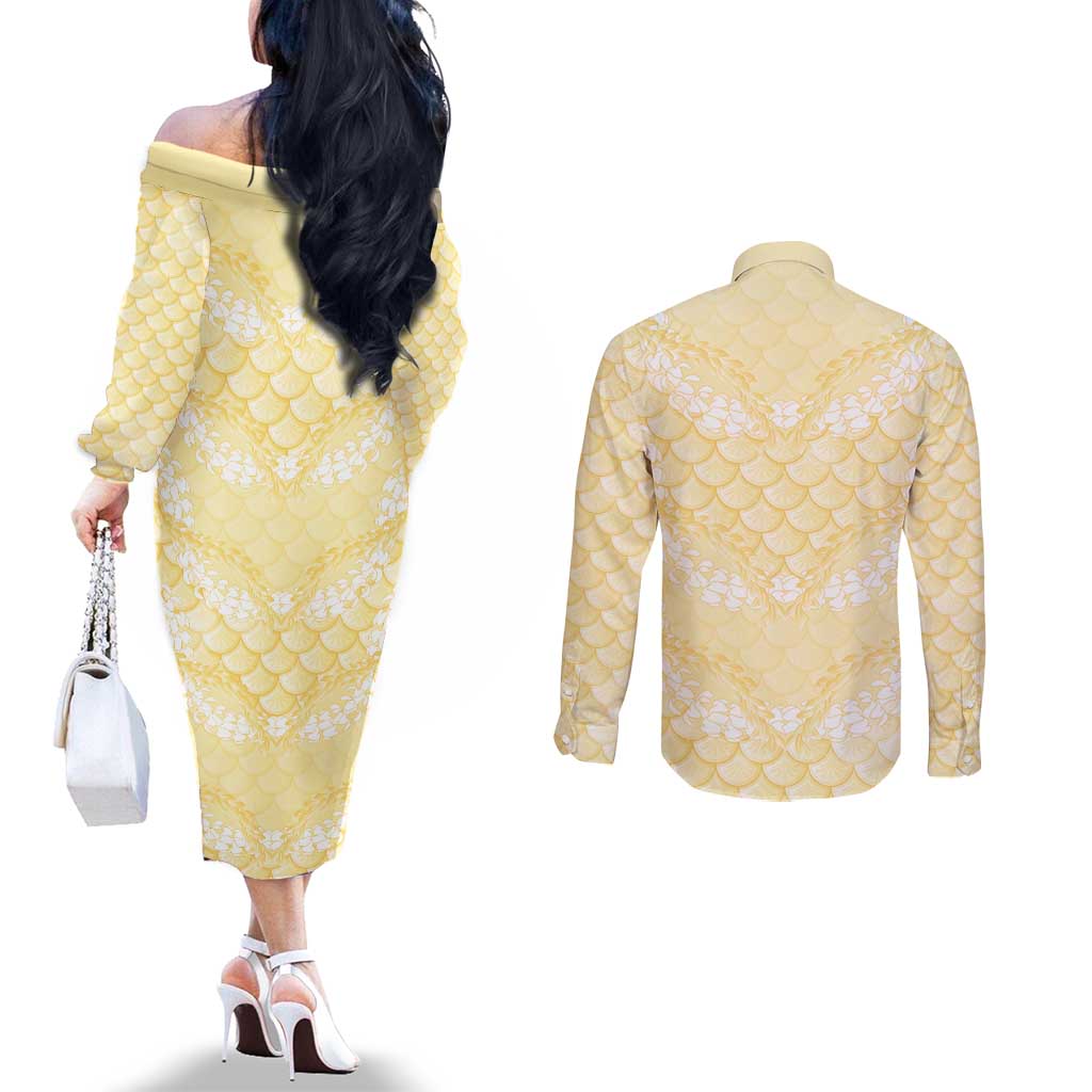 Pastel Yellow Mermaid Puakenikeni Maile Lei Couples Matching Off The Shoulder Long Sleeve Dress and Long Sleeve Button Shirt LT01 - Polynesian Pride