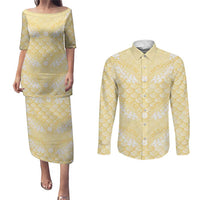 Pastel Yellow Mermaid Puakenikeni Maile Lei Couples Matching Puletasi and Long Sleeve Button Shirt
