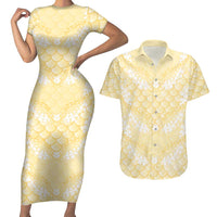 Pastel Yellow Mermaid Puakenikeni Maile Lei Couples Matching Short Sleeve Bodycon Dress and Hawaiian Shirt LT01 Yellow - Polynesian Pride
