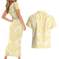 Pastel Yellow Mermaid Puakenikeni Maile Lei Couples Matching Short Sleeve Bodycon Dress and Hawaiian Shirt LT01 - Polynesian Pride