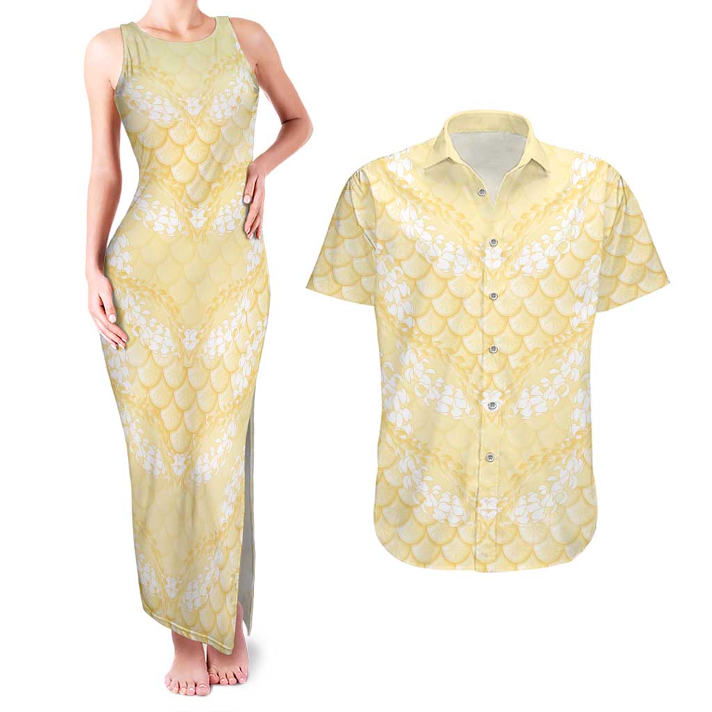 Pastel Yellow Mermaid Puakenikeni Maile Lei Couples Matching Tank Maxi Dress and Hawaiian Shirt LT01 Yellow - Polynesian Pride