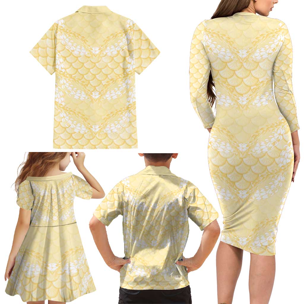Pastel Yellow Mermaid Puakenikeni Maile Lei Family Matching Long Sleeve Bodycon Dress and Hawaiian Shirt LT01 - Polynesian Pride