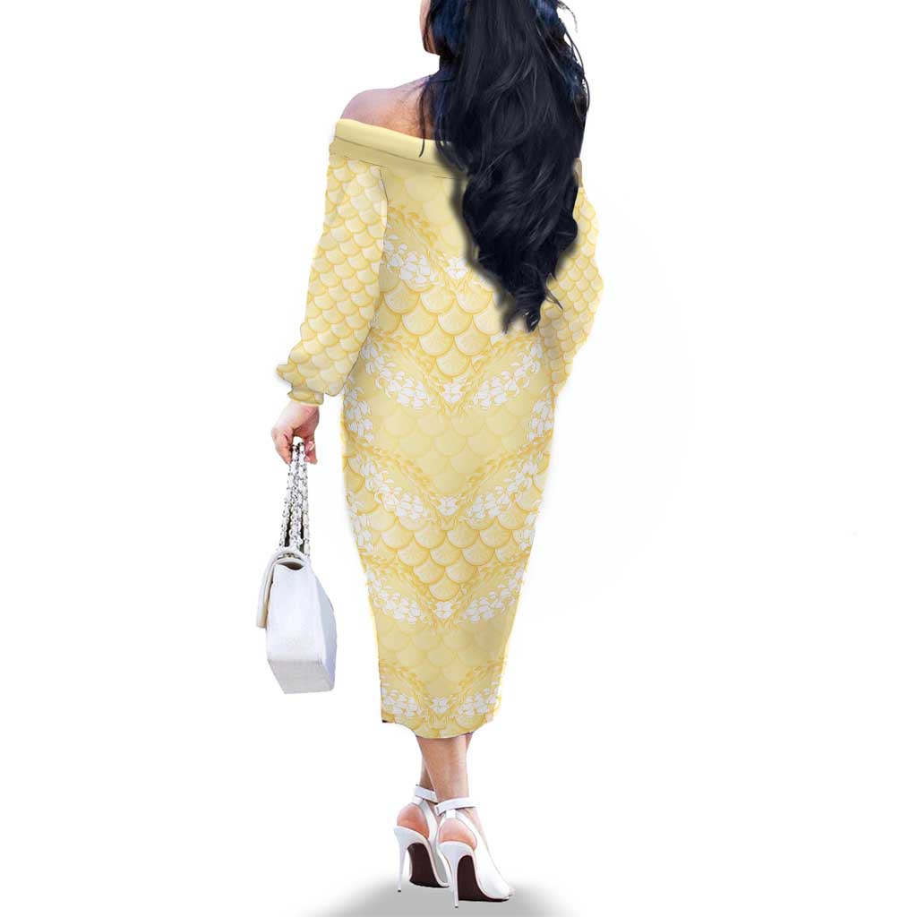 Pastel Yellow Mermaid Puakenikeni Maile Lei Family Matching Off The Shoulder Long Sleeve Dress and Hawaiian Shirt LT01 - Polynesian Pride