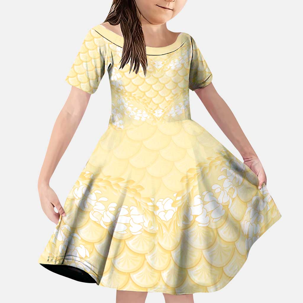 Pastel Yellow Mermaid Puakenikeni Maile Lei Family Matching Off Shoulder Maxi Dress and Hawaiian Shirt LT01 Daughter's Dress Yellow - Polynesian Pride