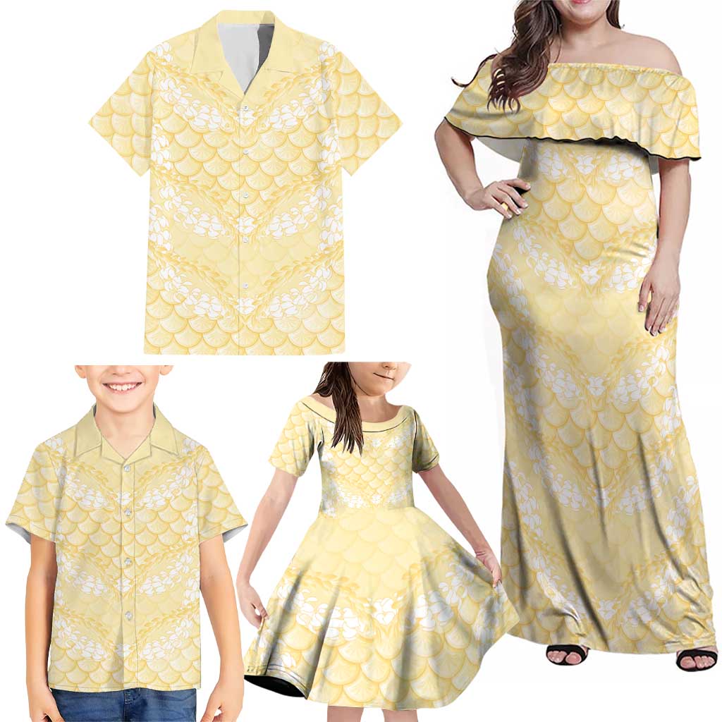 Pastel Yellow Mermaid Puakenikeni Maile Lei Family Matching Off Shoulder Maxi Dress and Hawaiian Shirt LT01 - Polynesian Pride