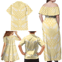 Pastel Yellow Mermaid Puakenikeni Maile Lei Family Matching Off Shoulder Maxi Dress and Hawaiian Shirt LT01 - Polynesian Pride