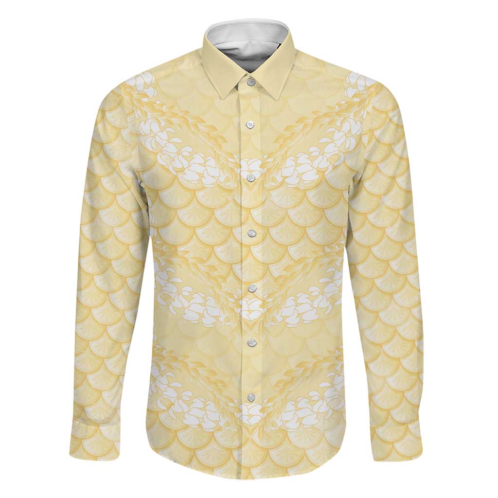 Pastel Yellow Mermaid Puakenikeni Maile Lei Family Matching Off Shoulder Maxi Dress and Hawaiian Shirt LT01 Dad's Shirt - Long Sleeve Yellow - Polynesian Pride