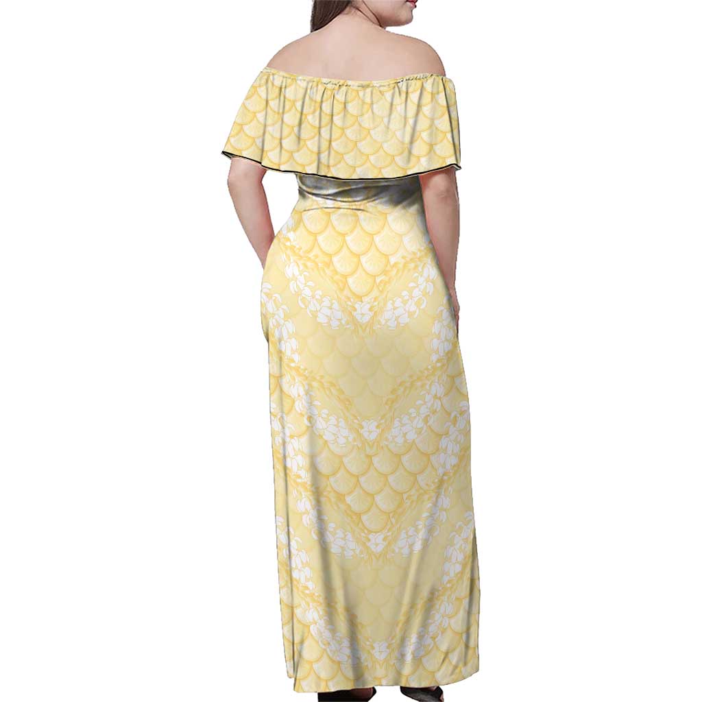 Pastel Yellow Mermaid Puakenikeni Maile Lei Family Matching Off Shoulder Maxi Dress and Hawaiian Shirt LT01 - Polynesian Pride