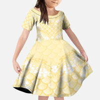 Pastel Yellow Mermaid Puakenikeni Maile Lei Family Matching Off Shoulder Short Dress and Hawaiian Shirt LT01 Daughter's Dress Yellow - Polynesian Pride