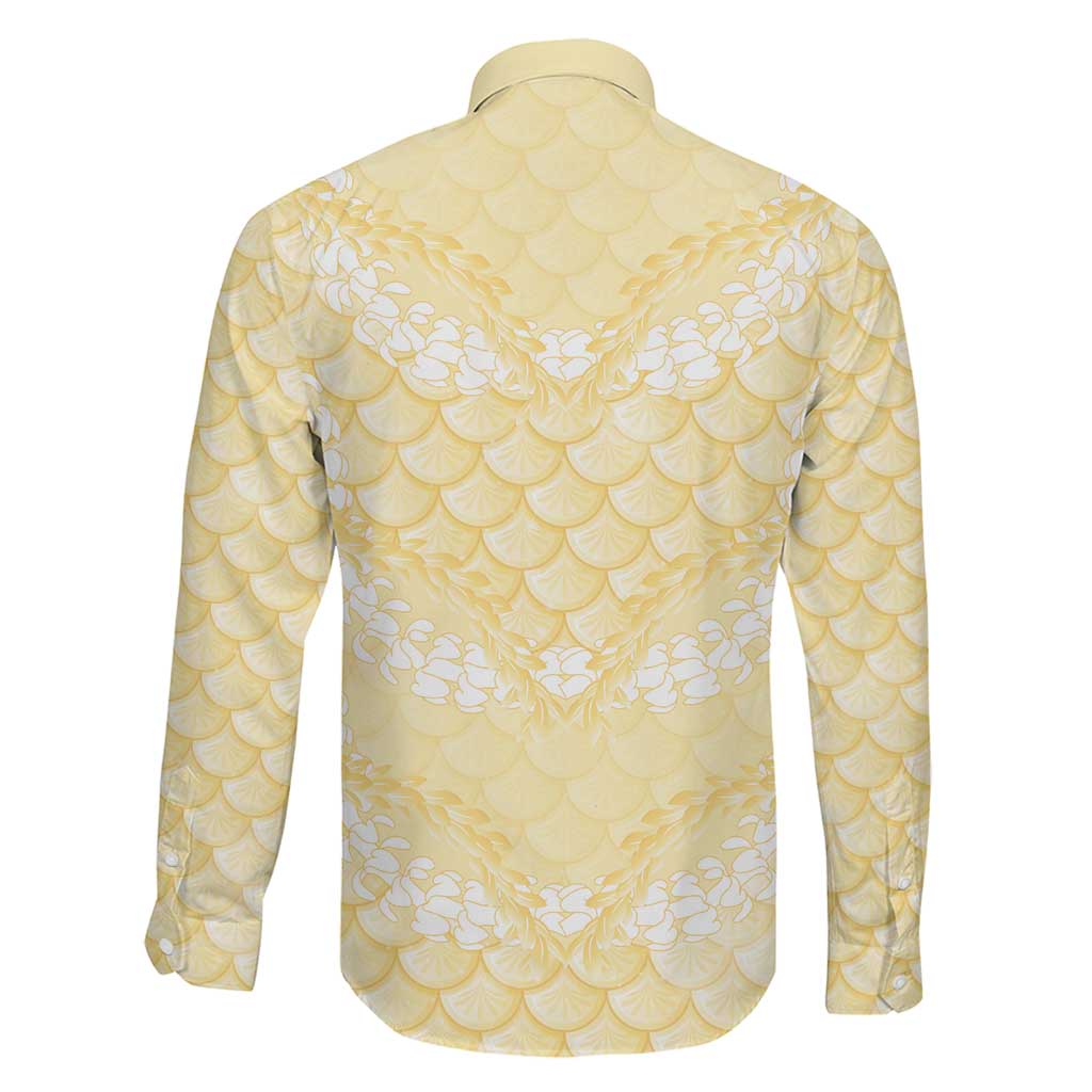 Pastel Yellow Mermaid Puakenikeni Maile Lei Family Matching Off Shoulder Short Dress and Hawaiian Shirt LT01 - Polynesian Pride