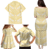 Pastel Yellow Mermaid Puakenikeni Maile Lei Family Matching Puletasi and Hawaiian Shirt LT01 - Polynesian Pride