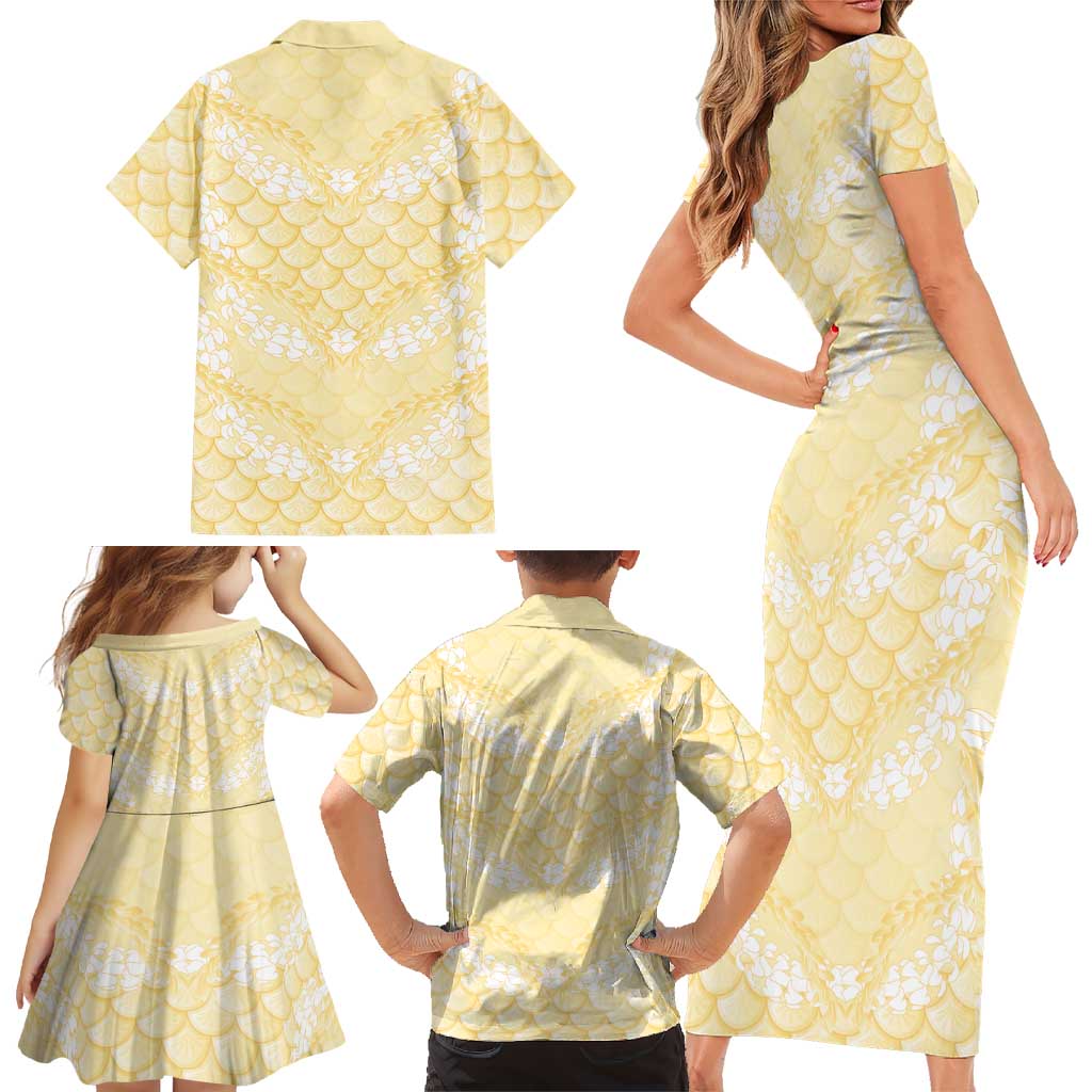 Pastel Yellow Mermaid Puakenikeni Maile Lei Family Matching Short Sleeve Bodycon Dress and Hawaiian Shirt LT01 - Polynesian Pride