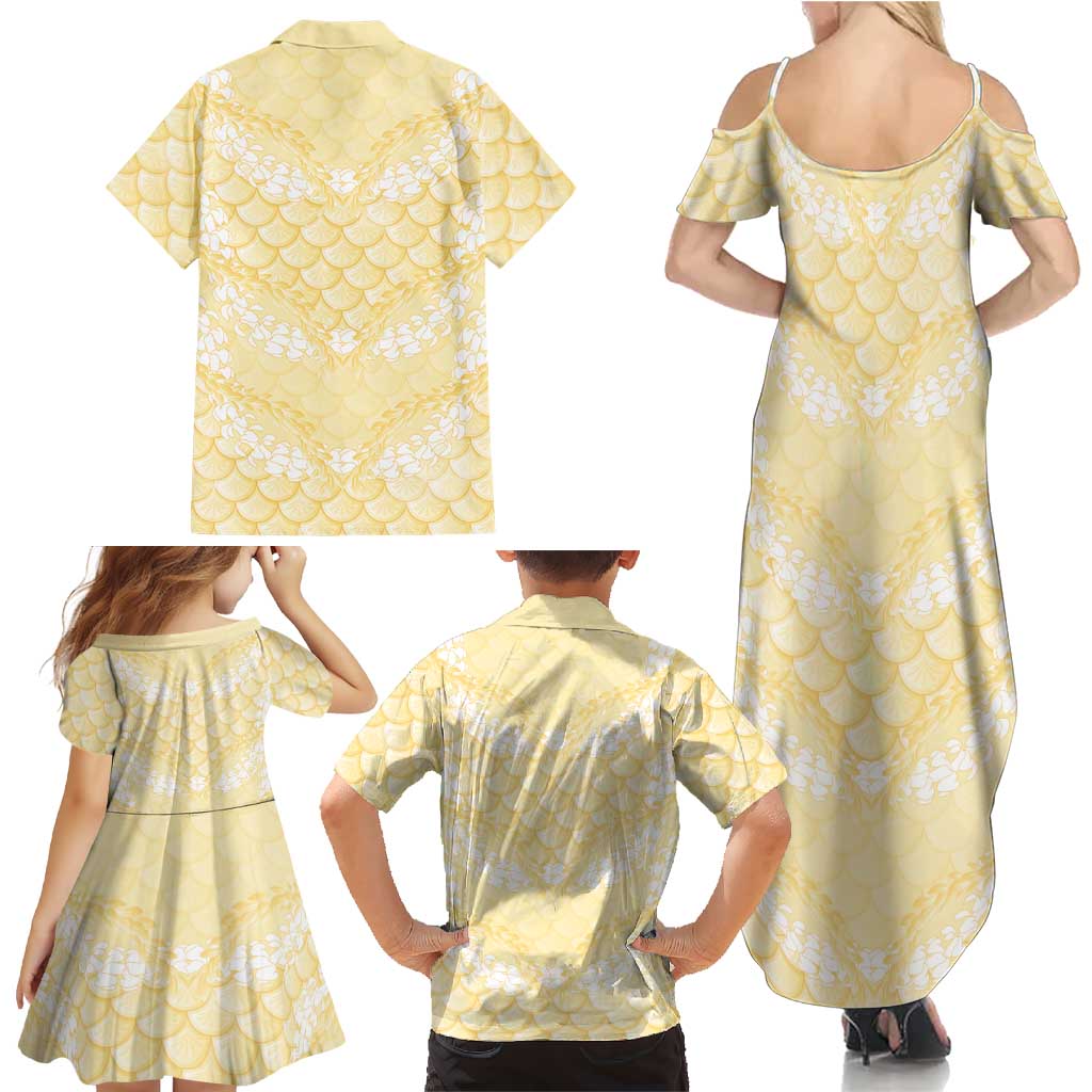Pastel Yellow Mermaid Puakenikeni Maile Lei Family Matching Summer Maxi Dress and Hawaiian Shirt LT01 - Polynesian Pride