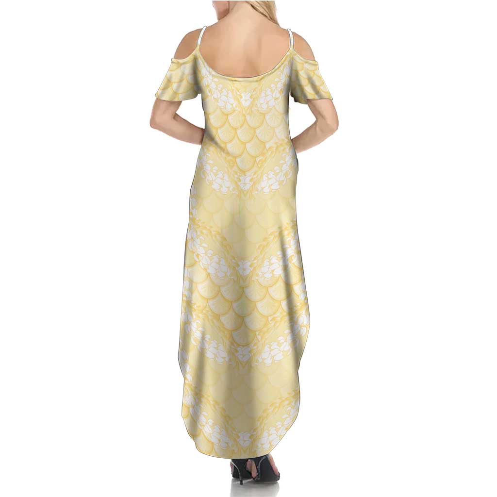 Pastel Yellow Mermaid Puakenikeni Maile Lei Family Matching Summer Maxi Dress and Hawaiian Shirt LT01 - Polynesian Pride