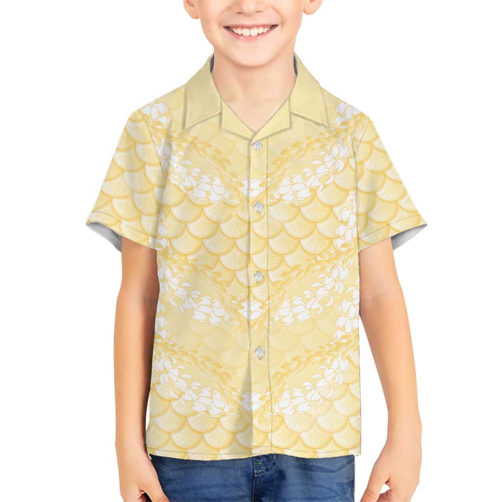 Pastel Yellow Mermaid Puakenikeni Maile Lei Family Matching Summer Maxi Dress and Hawaiian Shirt LT01 Son's Shirt Yellow - Polynesian Pride