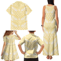 Pastel Yellow Mermaid Puakenikeni Maile Lei Family Matching Tank Maxi Dress and Hawaiian Shirt LT01 - Polynesian Pride