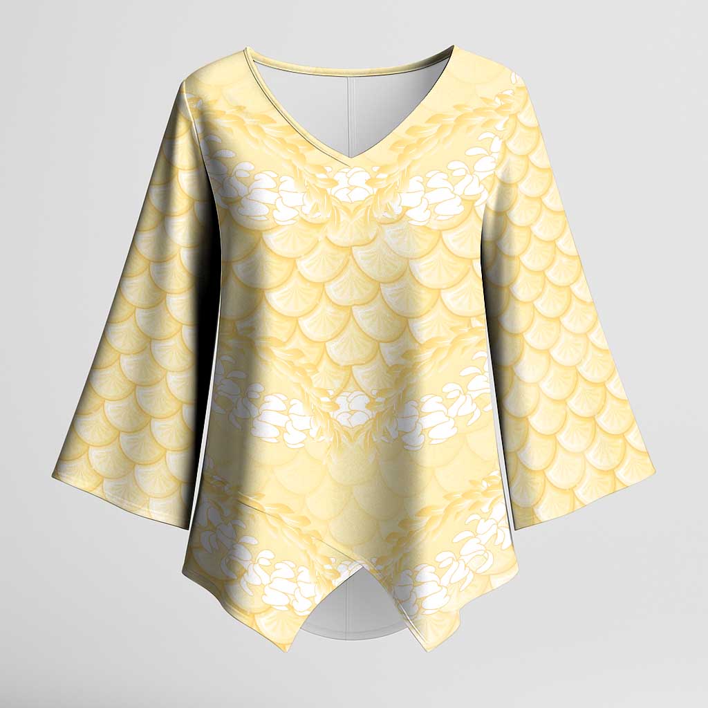 Pastel Yellow Mermaid Puakenikeni Maile Lei Kimono Sleeve Blouse