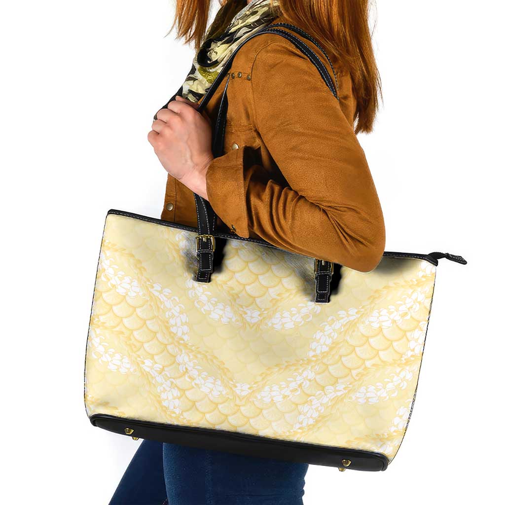 Pastel Yellow Mermaid Puakenikeni Maile Lei Leather Tote Bag