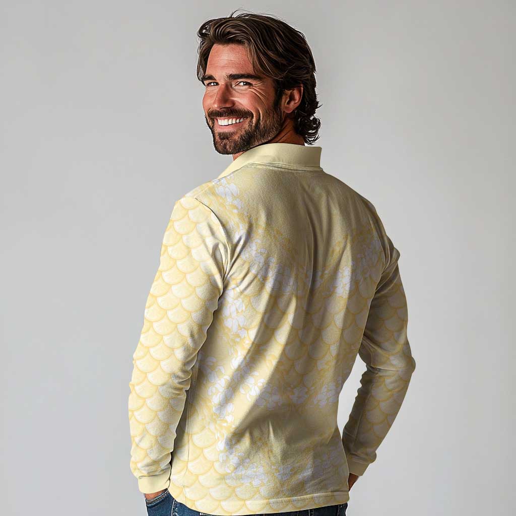 Pastel Yellow Mermaid Puakenikeni Maile Lei Long Sleeve Polo Shirt