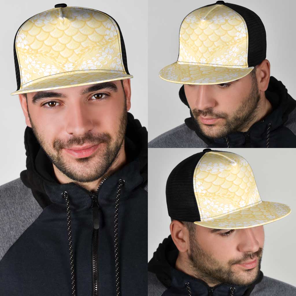 Pastel Yellow Mermaid Puakenikeni Maile Lei Mesh Trucker Cap
