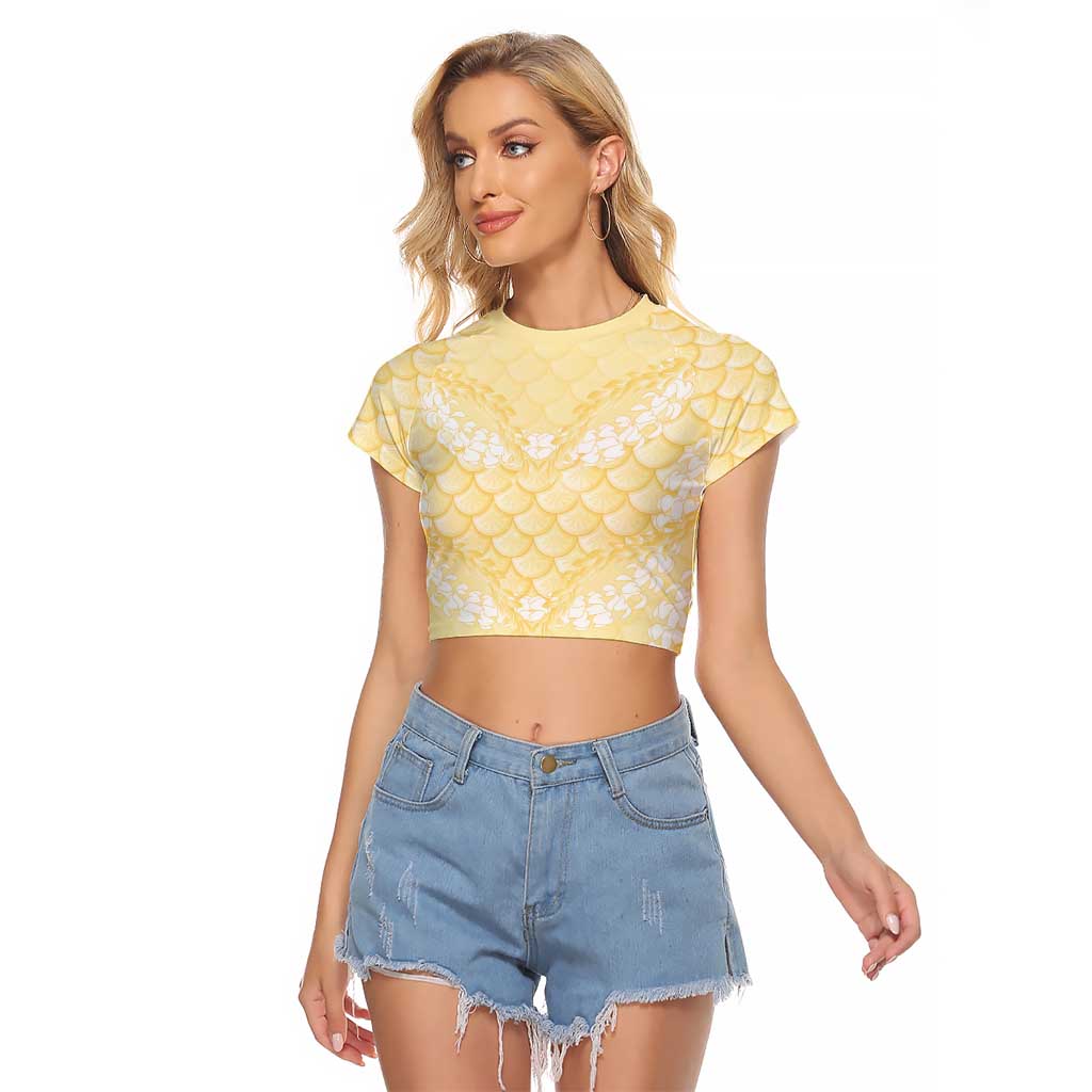 Pastel Yellow Mermaid Puakenikeni Maile Lei Raglan Cropped T Shirt