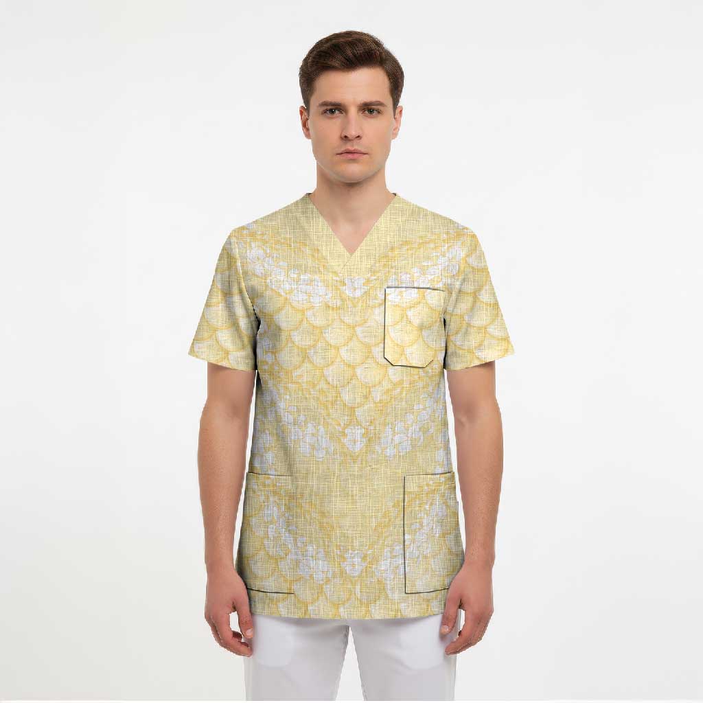 Pastel Yellow Mermaid Puakenikeni Maile Lei Scrub Top
