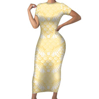 Pastel Yellow Mermaid Puakenikeni Maile Lei Short Sleeve Bodycon Dress